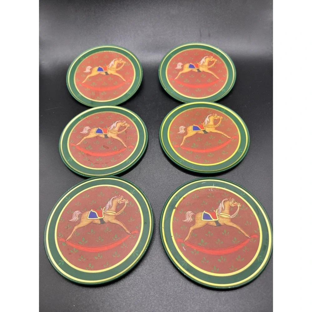 Rocking Horse Coasters Set of 6 Vintage Style Drink Coasters in Tin w/ Cork Back